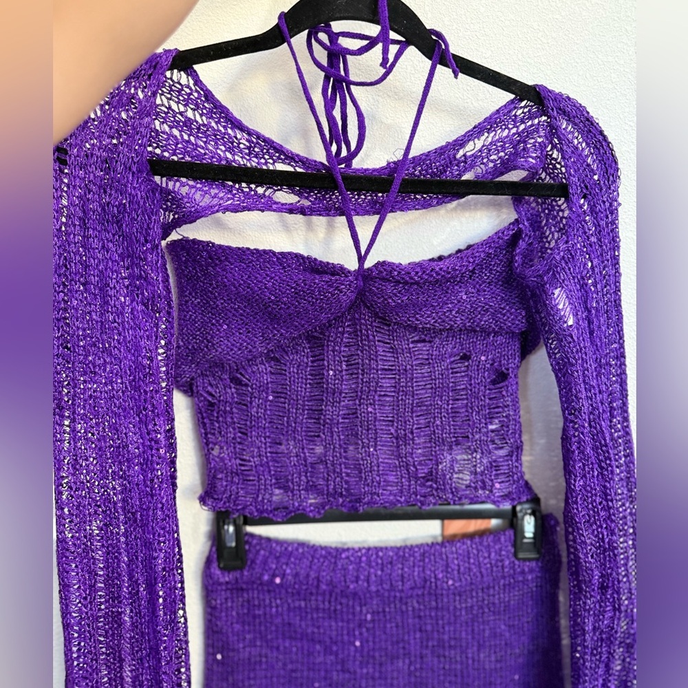 Fairy core 3PC Purple Crochet Set M Festival W Y2K Distressed Crop Top Skirt - Picture 3 of 13